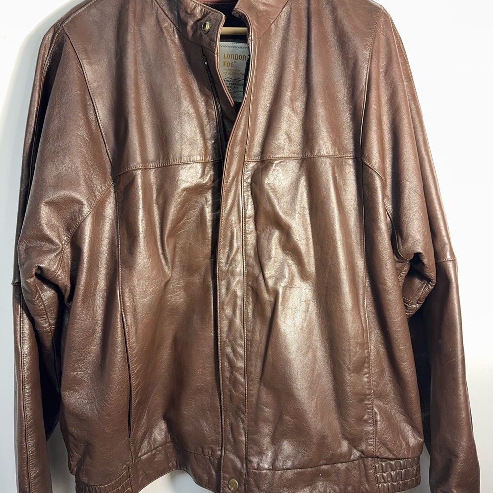 Vintage London Fog Men's Brown Leather Bomber Jacket 46 Long